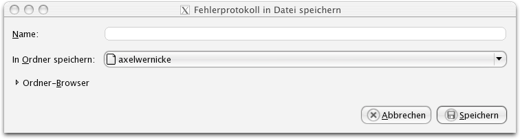 Ansicht des Dialogfensters Fehlerprotokoll in Datei speichern